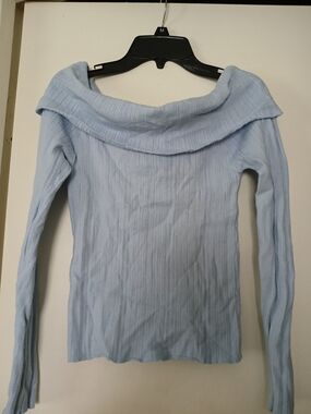 Light Blue Off-Shoulder Ribbed Women's Blouse